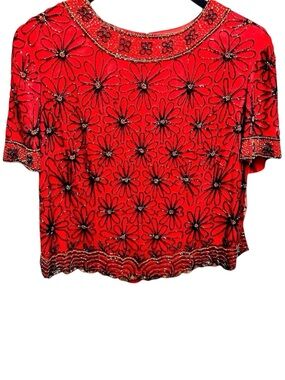 PAPELL Boutique Evening 90’s Red Silk Heavily Beaded & Sequins Floral Blouse 1X
